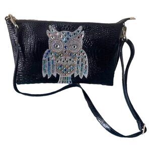 OWL Bling Black Vegan Leather Wristlet Clutch Purse Crossbody Handbag